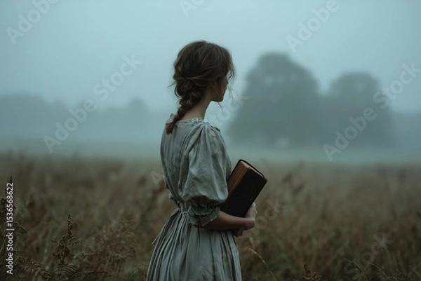Fototapeta A young woman stands in a quiet field at dawn, her back turned to the viewer. She wears a soft vintage dress with puffed sleeves and a braid down her back. In her hands — a worn book