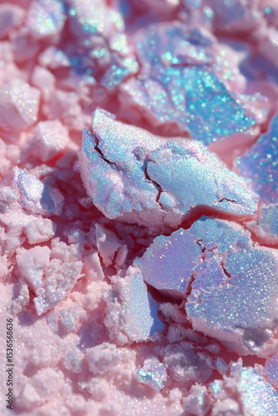Fototapeta  high-resolution close-up of a crushed duochrome shimmer eyeshadow in ethereal aura style. The main tone is a soft pastel pink with opalescent light-blue sparkle and holographic flecks