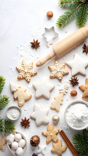 Fototapeta aesthetic flatlay of Holiday cookies decorated with white icing on a flour-dusted surface, surrounded by baking tools, spices, and evergreen branches, Christmas cookies