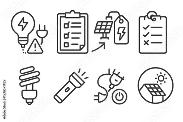 Obraz Eco Home Icons. Line style icons of eco home habits: energy blackout plan icon, off-grid setup chart, emergency battery tag, power