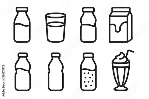 Obraz Dairy Drink Icons. Line style icons of dairy drinks: milk bottle, milk glass, yogurt drink, chocolate milk. buttermilk, kefir,