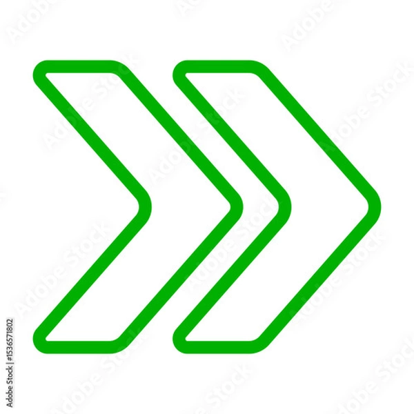 Obraz Double chevron icon. Outlined arrows pointing right, representing forward motion, fast-forward, navigation, or directional flow in user interfaces.