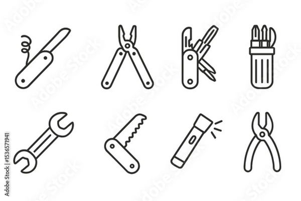 Obraz Line Style Multitools. Line style icons of multi-tools: Swiss knife, multitool pliers, utility multitool, compact screwdriver.