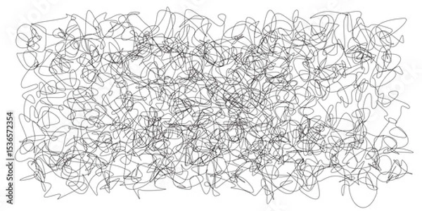 Fototapeta Chaos of black ink scribbles on white background with looped feel. Crazy swirling background with scribbles. Unruly swirling lines in vector graphics