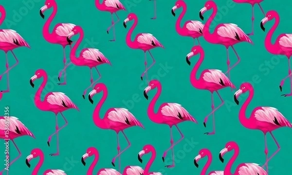 Fototapeta Vibrant flamingo flock pattern on aqua background, a tropical summer design