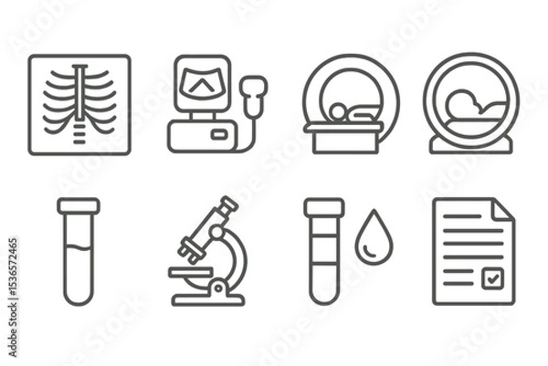 Obraz Diagnostic Icons in Line. Line style icons of diagnostics: X-ray image, ultrasound device, MRI scanner, CT scan icon. test tube,