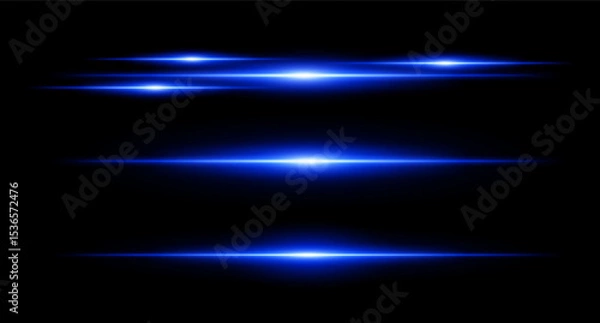Fototapeta Horizontal blue flare beams in stacked layout on dark background with smooth gradients and glow effect. Sci-fi or HUD visual element.