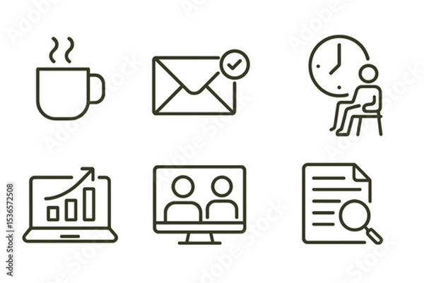 Obraz Daily Work Icons. Line style icons of daily work routine: morning coffee, email check, task list, break time. project update, team