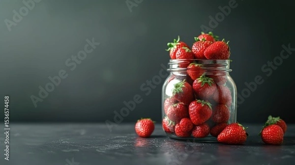 Fototapeta Clear glass jar filled with fresh red strawberries on a clean background in a minimalist style.