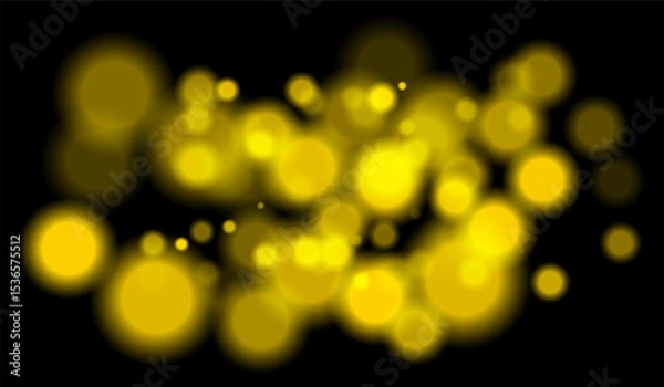 Fototapeta Bright yellow bokeh particles of multiple sizes with depth effect on dark background. Perfect for night visuals or technology-themed scenes.