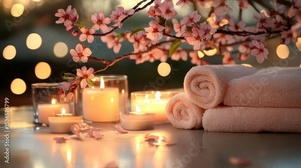 Fototapeta Spa composition with flowering branches against a background of gentle bokeh. Ideal for health, meditation or spa related topics.