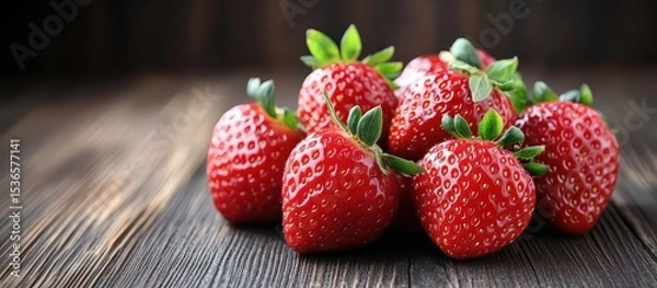 Fototapeta Fresh strawberries show their bright red color and green leaves. Strawberries are ripe and ready to eat.