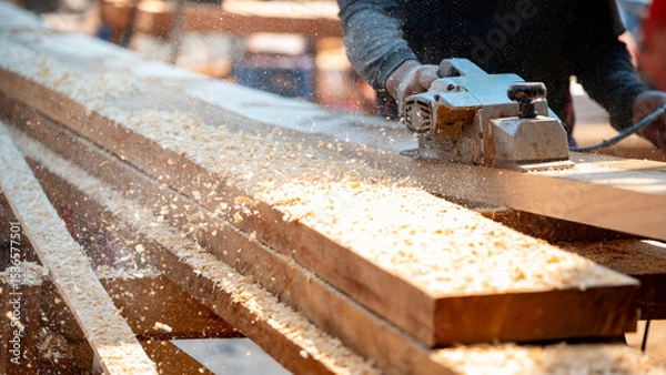 Fototapeta Male carpenter hand using an electric planer on wooden plank at construction site. Woodworker planing timber in his workshop with sawdust spreading around. Lumber industry and carpentry work tool