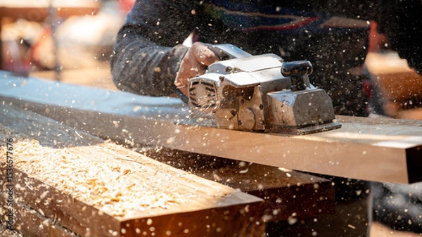 Fototapeta Male carpenter hand using an electric planer on wooden plank at construction site. Woodworker planing timber in his workshop with sawdust spreading around. Lumber industry and carpentry work tool