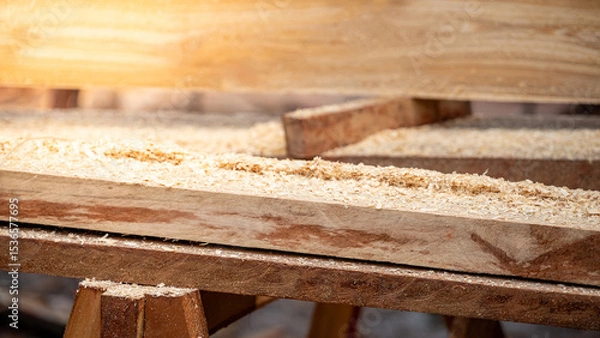 Fototapeta Sawdust heap spreading on timber on workbench in the wood workshop. Wooden dust from planing and sawing timber. Wood production waste. lumber industry concept