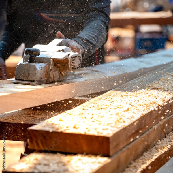 Fototapeta Male carpenter hand using an electric planer on wooden plank in workshop. Woodworker planing timber at construction site with sawdust spreading around. Work tool for carpentry. Lumber industry concept