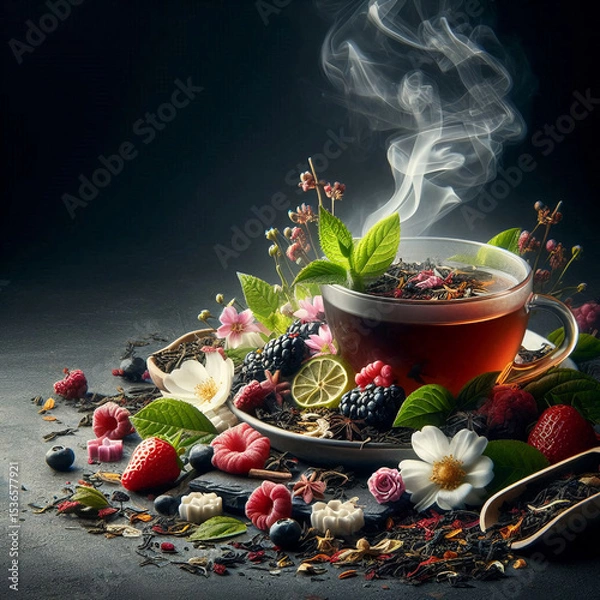 Obraz A steaming cup of tea surrounded by fresh berries, herbs, and flowers. The scene is rich in colors and textures, showcasing a variety of natural ingredients.