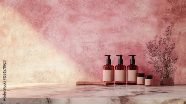 Fototapeta Cosmetic bottles and jars on a light pink background.