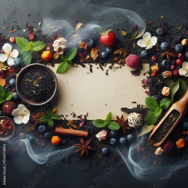 Obraz A flat lay of various tea leaves, fruits, and spices arranged around a blank parchment. Elements include mint, strawberries, blueberries, and cinnamon sticks.