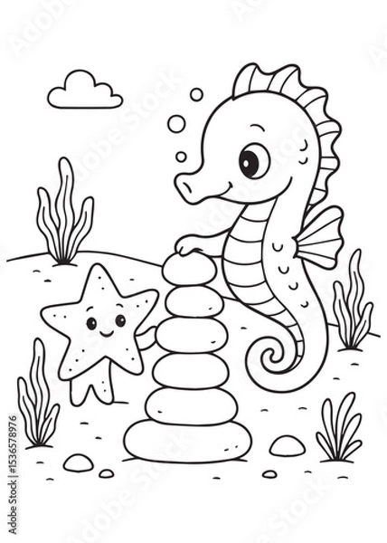 Fototapeta Coloring book  seahorse and starfish building a stack of rings underwater