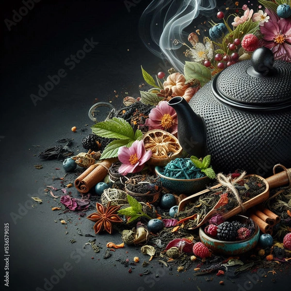 Obraz A black teapot surrounded by various herbs, spices, and colorful flowers. Smoke rises from the teapot, creating a calming atmosphere.