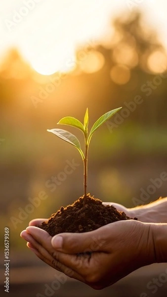 Fototapeta A close-up of hands gently holding a small seedling in a pile of soil