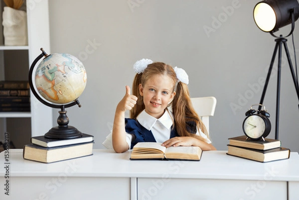 Obraz Portrait of a beautiful schoolgirl girl in a school uniform with a thumb up, looking at camera. The child sits at desk during lesson at school.