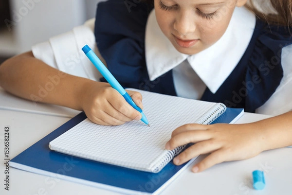 Fototapeta School kig writing a schoolwork in a notebook with a blue pen. Child doing homework.