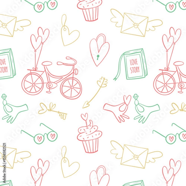 Fototapeta Colorful funny children doodle icon seamless pattern. Cute happy kid drawing symbol wallpaper print, diverse education concept background illustration texture.
