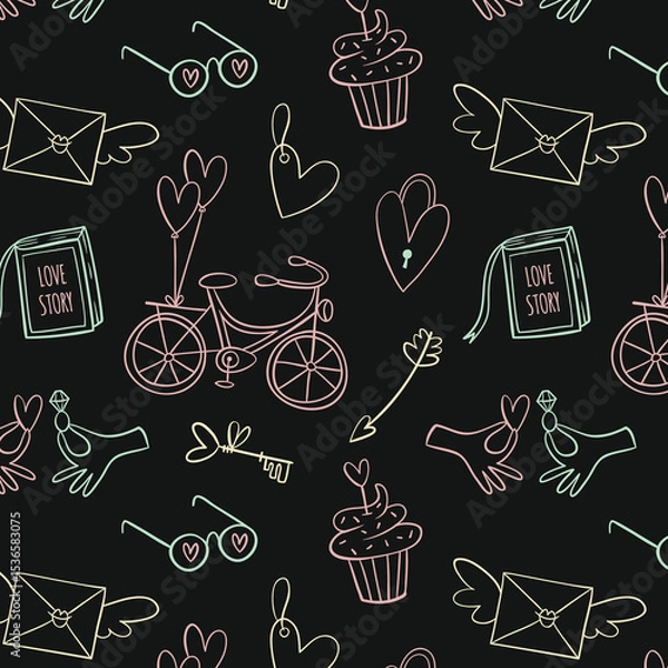 Fototapeta Colorful funny children doodle icon seamless pattern. Cute happy kid drawing symbol wallpaper print, diverse education concept background illustration texture.
