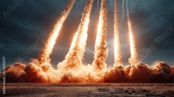 Obraz Rockets launching, creating smoke and dust clouds