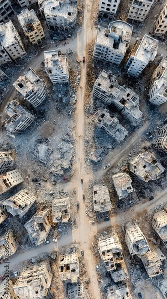Obraz Devastated city buildings crumbling after war, showing destruction and devastation