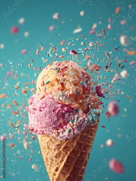 Obraz Ice cream cone exploding with colorful sprinkles on turquoise background