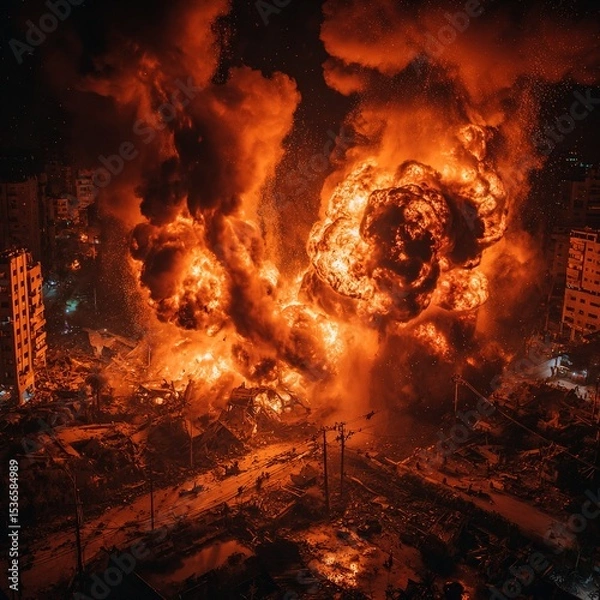 Obraz Massive explosion engulfing city in fiery chaos at night