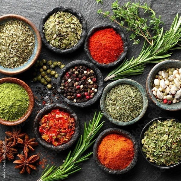 Obraz Variety of spices and herbs for cooking in bowls, top view