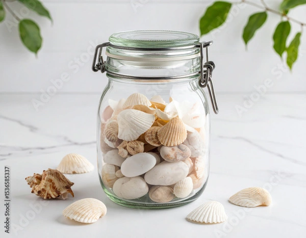 Fototapeta A glass jar filled with assorted seashells on a marble surface, surrounded by scattered shells and green leaves in the background