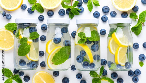 Fototapeta Lemon and blueberry infused water jars surrounded by fresh blueberries, lemon slices, and mint leaves on a white background