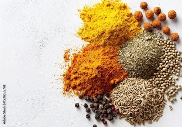 Obraz Colorful spices creating culinary masterpiece on white background