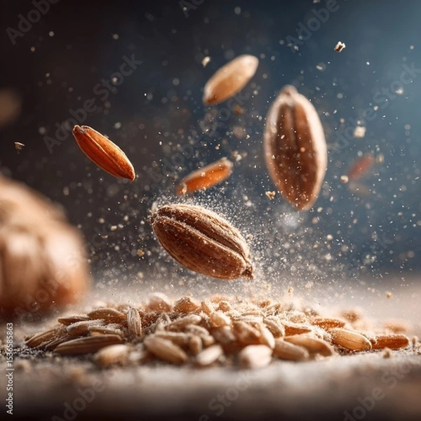 Obraz Brown rice grains falling and creating dust cloud