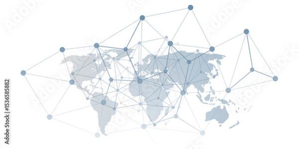 Fototapeta A conceptual vector graphic creative design showing a world map overlaid with a network of interconnected nodes and lines, representing global communication, data flow or digital interconnectedness.