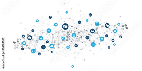 Fototapeta A conceptual vector graphic illustrating a complex network of interconnected nodes and diverse icons, representing the Internet of Things (IoT), global communication, or smart technology.