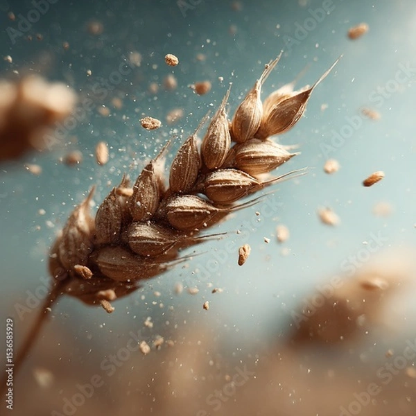 Obraz Ripe wheat ear releasing grains in slow motion, close-up view