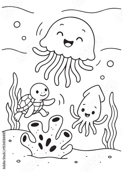 Fototapeta Coloring book jellyfish, turtle, and squid having fun underwater