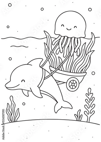 Fototapeta Coloring book dolphin pulling a seaweed cart with a happy jellyfish passenger