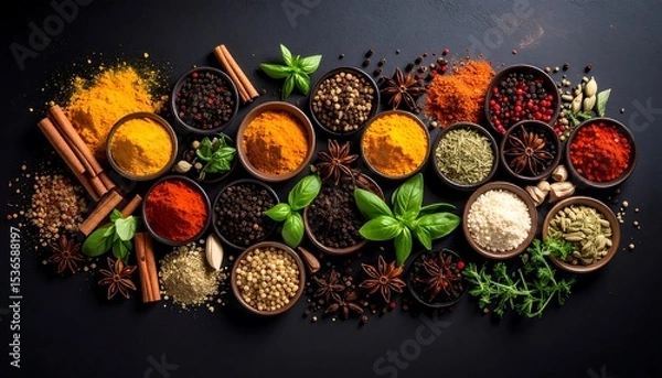 Fototapeta Vibrant Spice Collection Colorful Herbs  Spices in Bowls on Dark Backdrop.