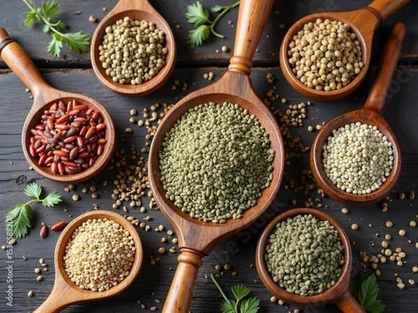 Obraz Flatlay of Herb and Spice Seeds with Wooden Spoons: Flatlay of culinary herb and spice seeds displayed in wooden spoons and small ceramic bowls on a dark wooden table for a rustic kitchen vibe.