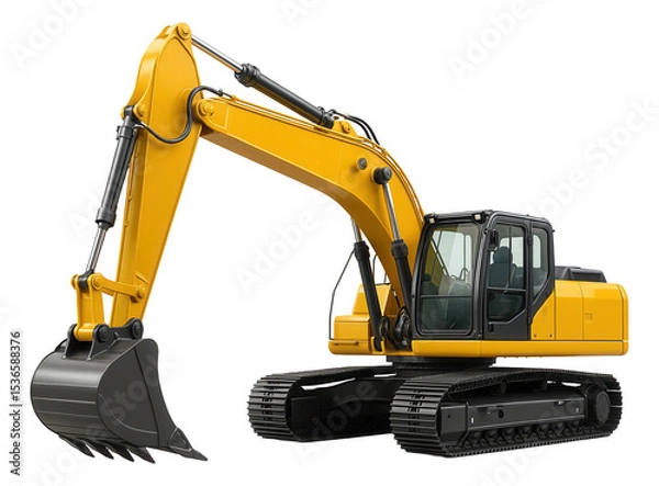 Fototapeta Large yellow excavator with a hydraulic arm and tracked wheels on transparent background.