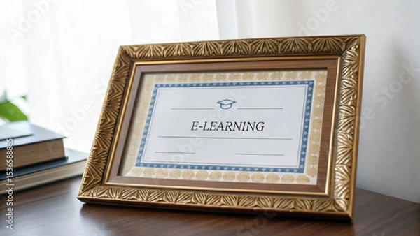 Fototapeta Online learning certification program concept. E-learning certificate in a decorative frame on a wooden table.