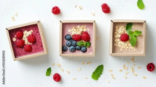 Fototapeta Paper boxes filled with fresh berries, ancient grains, and smoothies on a white background. Healthy smoothies, oats, and berries. Healthy food. Flat lay, top view