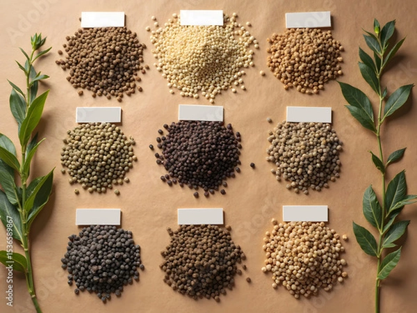 Obraz Flatlay of Exotic Plant Seeds with Blank Tags: Flatlay of rare and exotic plant seeds placed in small piles with blank name tags on a kraft paper background for a botanical collection feel.